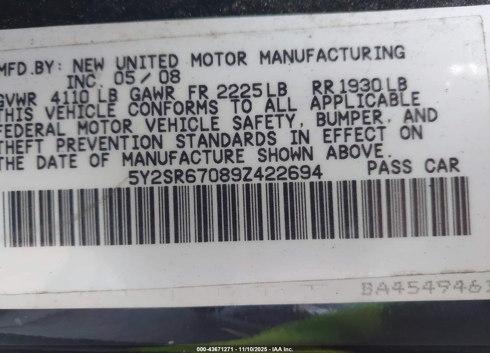 2009 PONTIAC VIBE GT VIN: 5Y2SR67089Z422694
