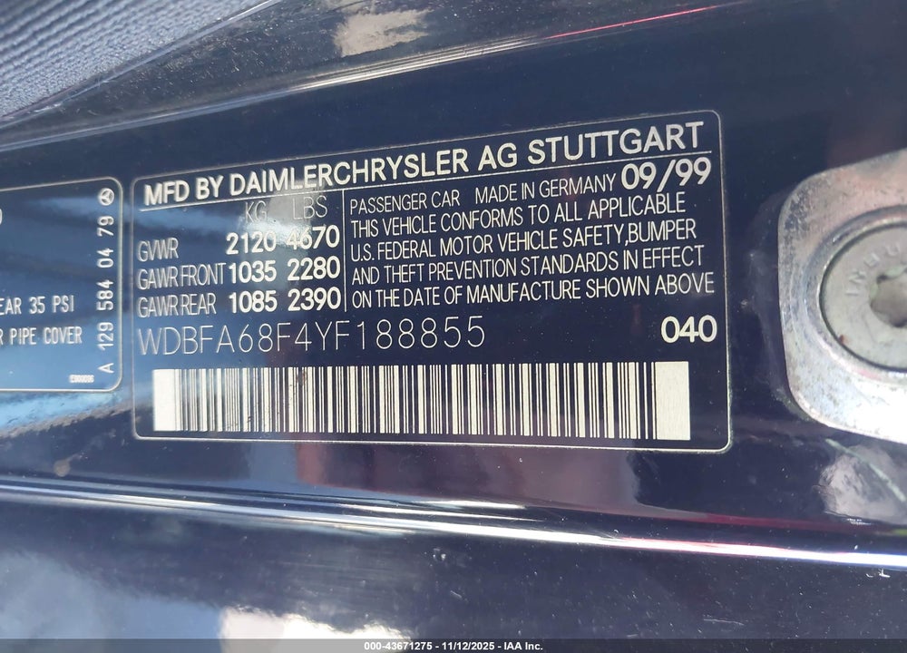 2000 MERCEDES-BENZ SL 500 VIN: WDBFA68F4YF188855
