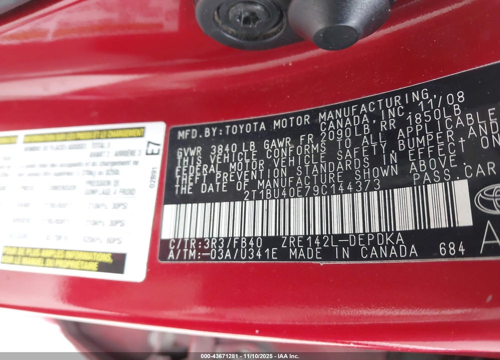 2009 TOYOTA COROLLA LE VIN: 2T1BU40E79C144373