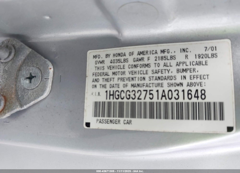 2001 HONDA ACCORD 2.3 EX VIN: 1HGCG32751A031648