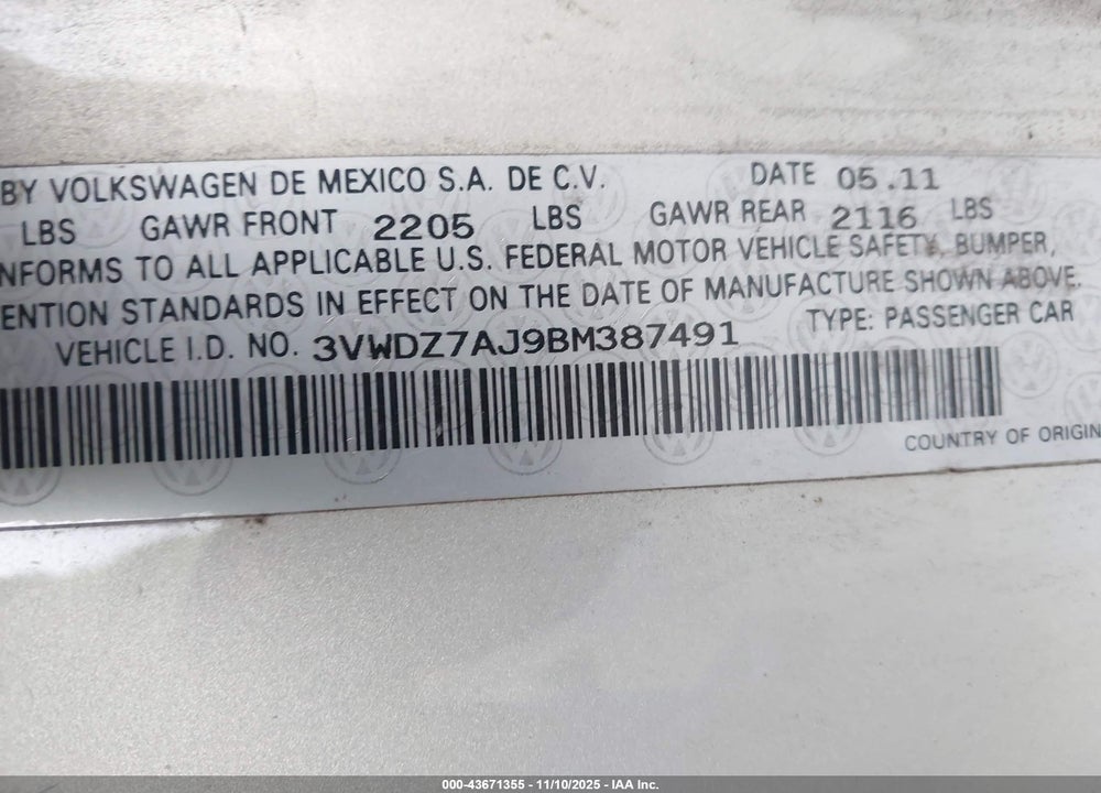 2011 VOLKSWAGEN JETTA 2.5L SE VIN: 3VWDZ7AJ9BM387491