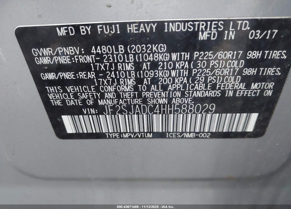2017 SUBARU FORESTER VIN: JF2SJADC4HH588029