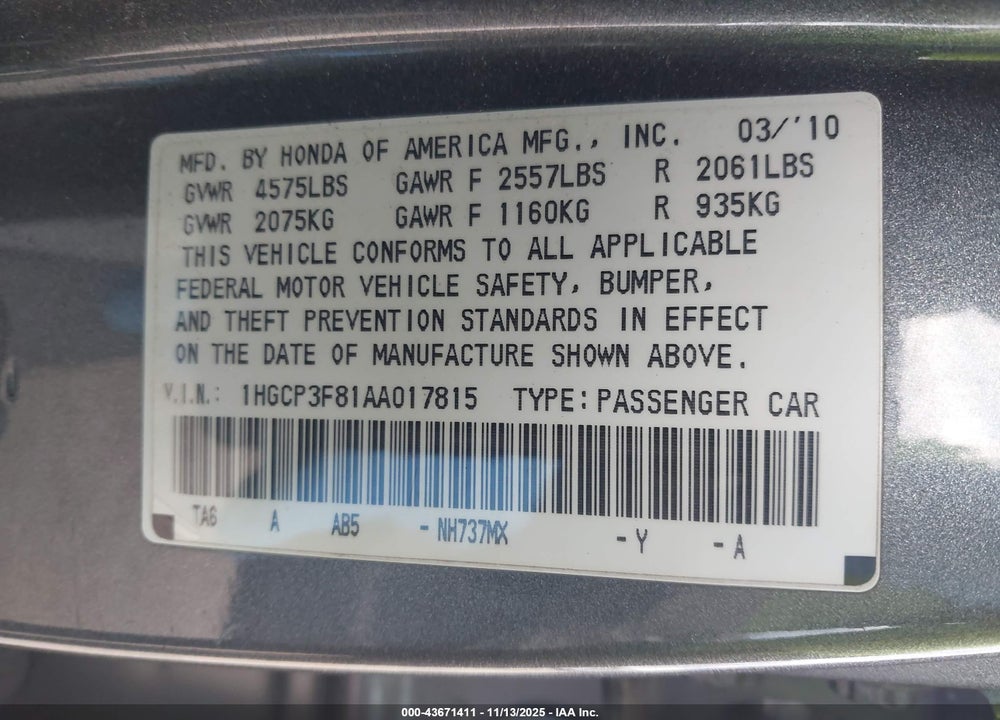 2010 HONDA ACCORD 3.5 EX-L VIN: 1HGCP3F81AA017815