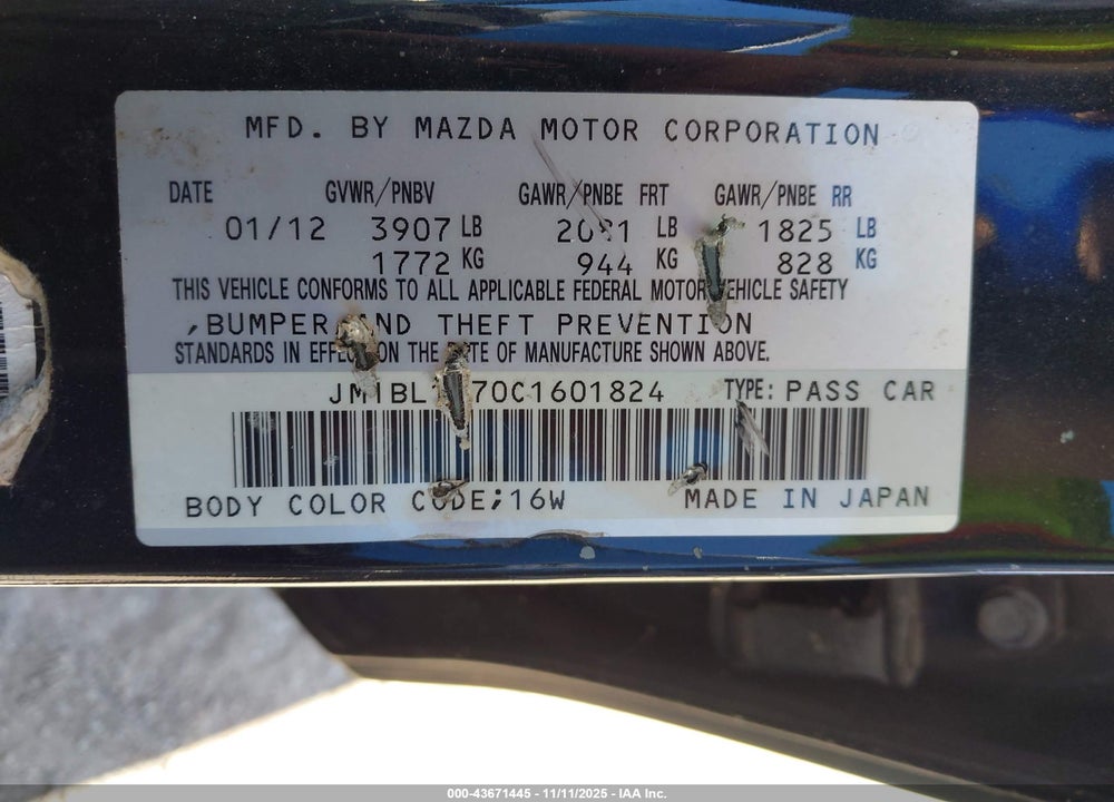 2012 MAZDA 3 I TOURING VIN: JM1BL1V70C1601824