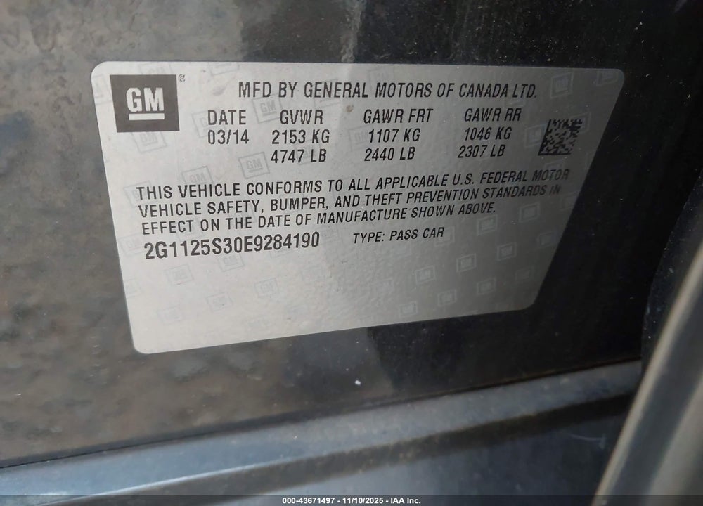 2014 CHEVROLET IMPALA VIN: 2G1125S30E9284190