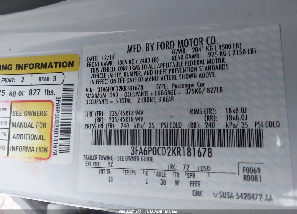 2019 FORD FUSION SEL VIN: 3FA6P0CD2KR181678