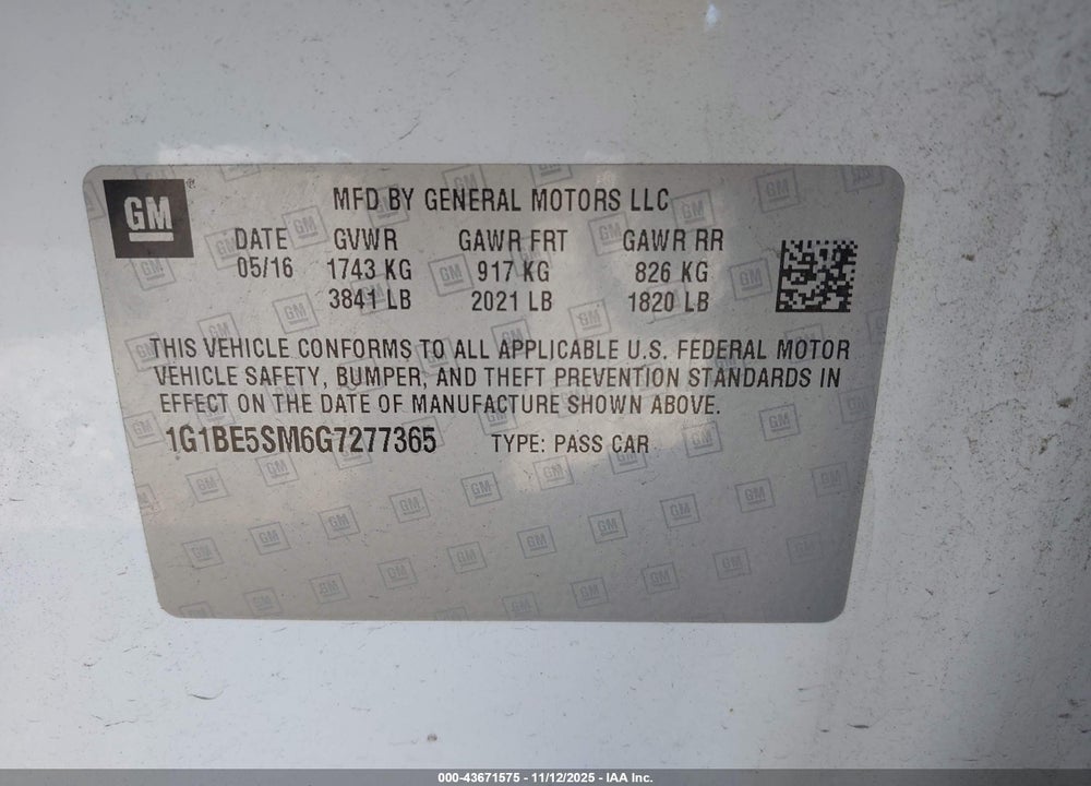 2016 CHEVROLET CRUZE LT AUTO VIN: 1G1BE5SM6G7277365