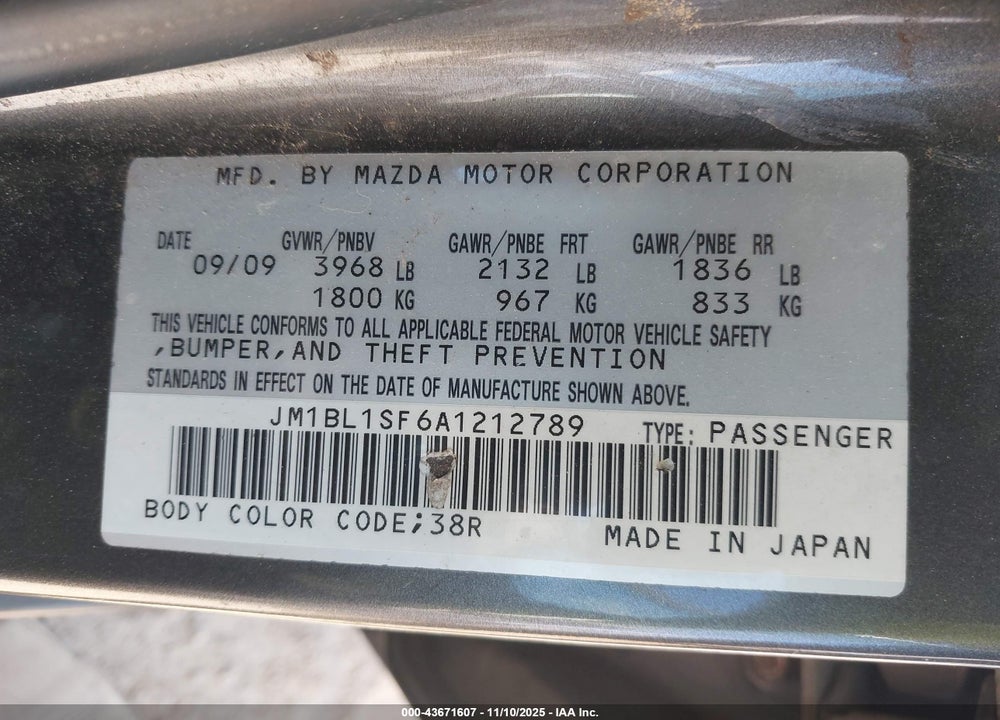 2010 MAZDA 3 I TOURING VIN: JM1BL1SF6A1212789