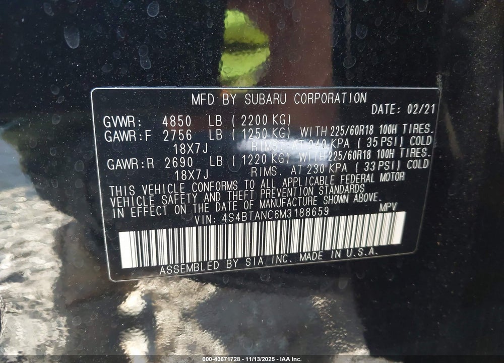 2021 SUBARU OUTBACK LIMITED VIN: 4S4BTANC6M3188659