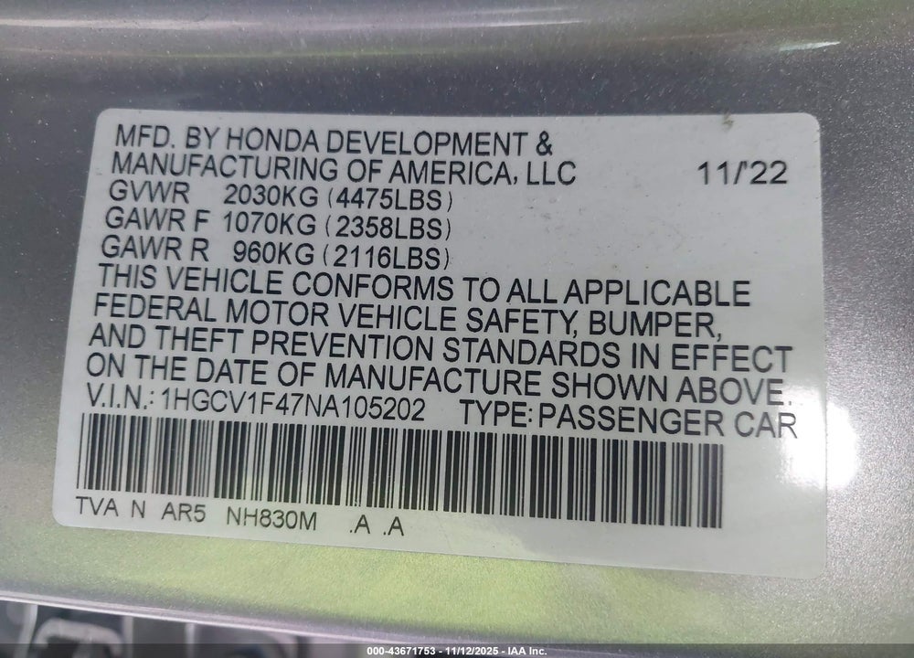 2022 HONDA ACCORD SPORT SE VIN: 1HGCV1F47NA105202