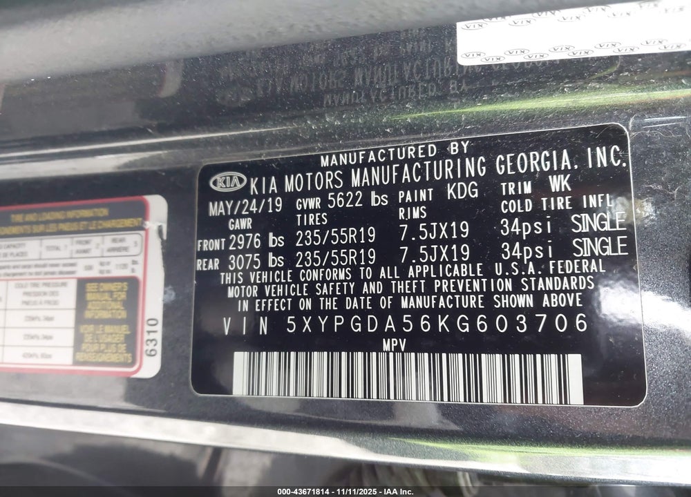 2019 KIA SORENTO 3.3L S VIN: 5XYPGDA56KG603706