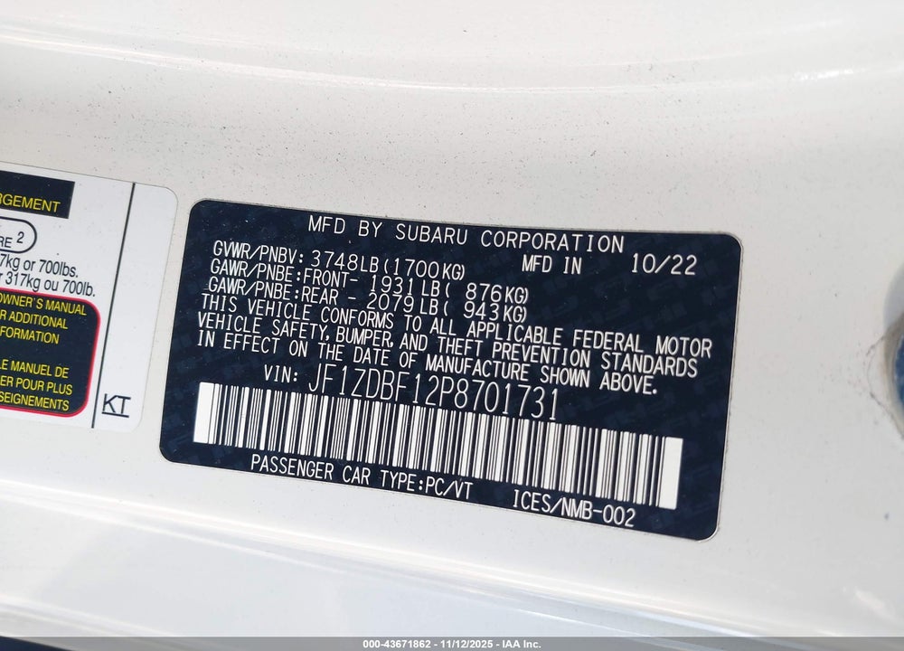 2023 SUBARU BRZ LIMITED VIN: JF1ZDBF12P8701731