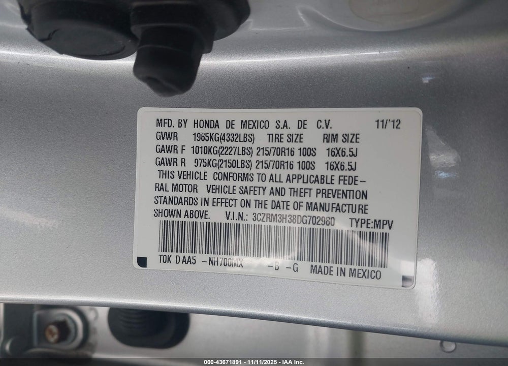 2013 HONDA CR-V LX VIN: 3CZRM3H38DG702980