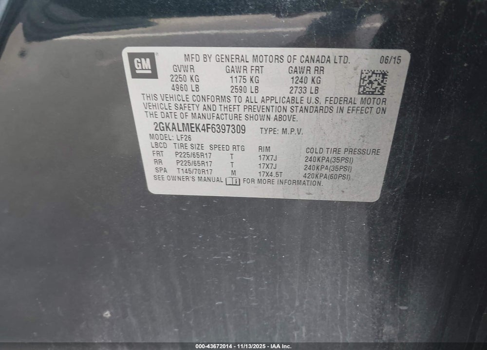 2015 GMC TERRAIN SLE-1 VIN: 2GKALMEK4F6397309