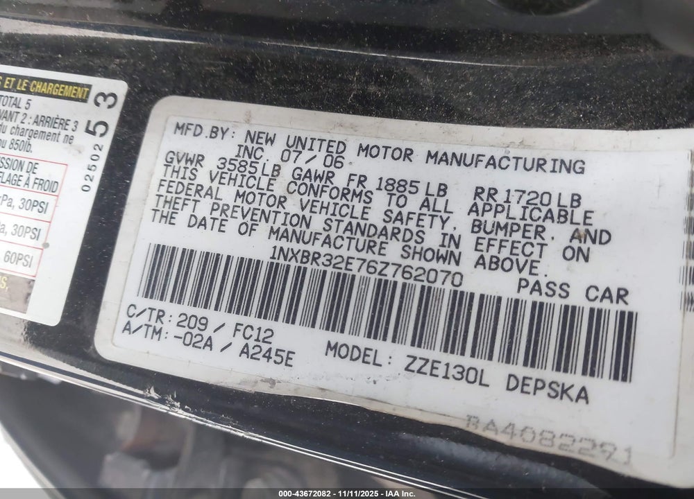 2006 TOYOTA COROLLA S VIN: 1NXBR32E76Z762070