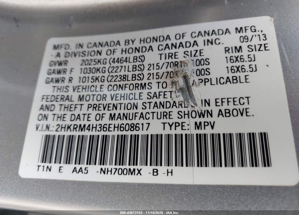 2014 HONDA CR-V LX VIN: 2HKRM4H36EH608617