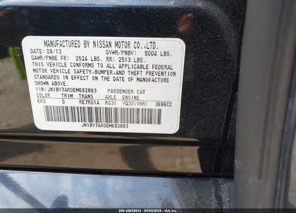 2014 INFINITI Q50 VIN: JN1BV7AR0EM692893