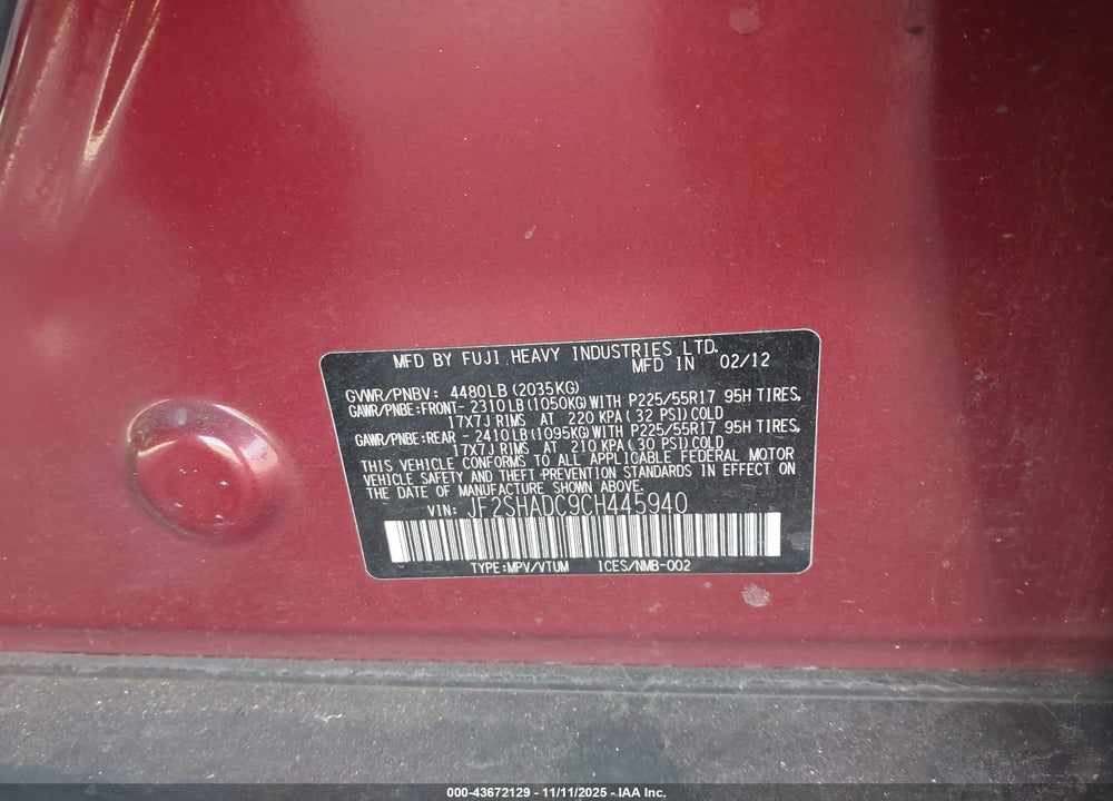 2012 SUBARU FORESTER 2.5X PREMIUM VIN: JF2SHADC9CH445940