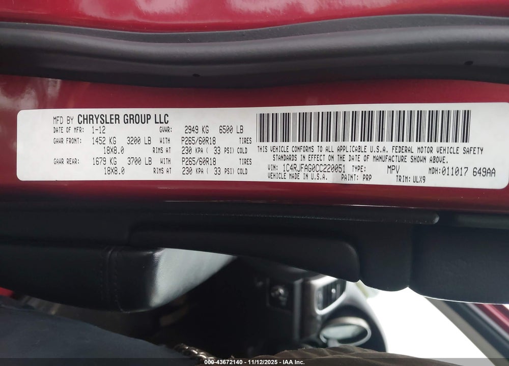 2012 JEEP GRAND CHEROKEE LAREDO VIN: 1C4RJFAG0CC220051