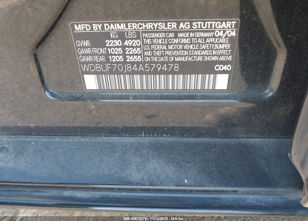 2004 MERCEDES-BENZ E 500 VIN: WDBUF70J84A579478
