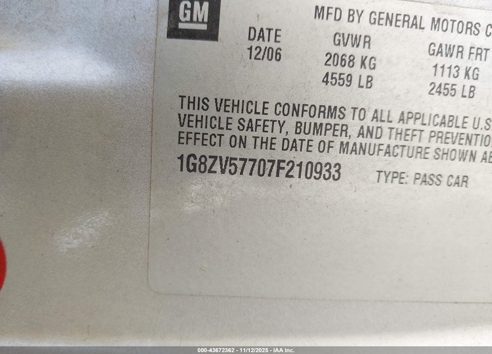 2007 SATURN AURA XR VIN: 1G8ZV57707F210933