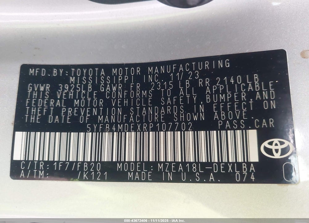 2024 TOYOTA COROLLA LE VIN: 5YFB4MDEXRP107702