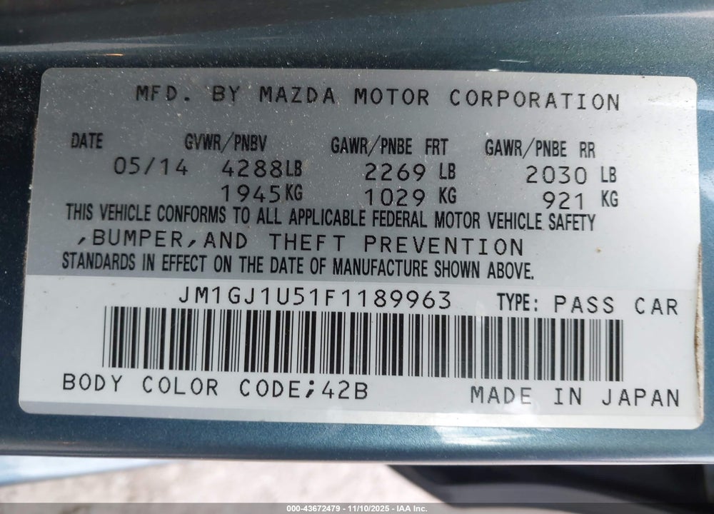 2015 MAZDA 6 I SPORT VIN: JM1GJ1U51F1189963