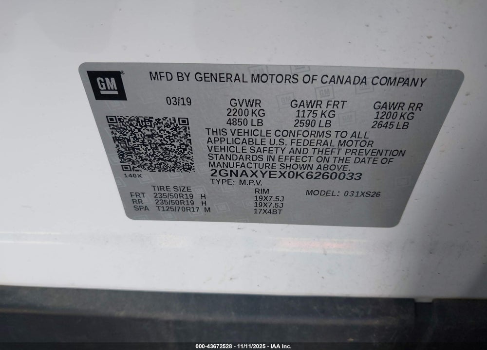 2019 CHEVROLET EQUINOX PREMIER VIN: 2GNAXYEX0K6260033