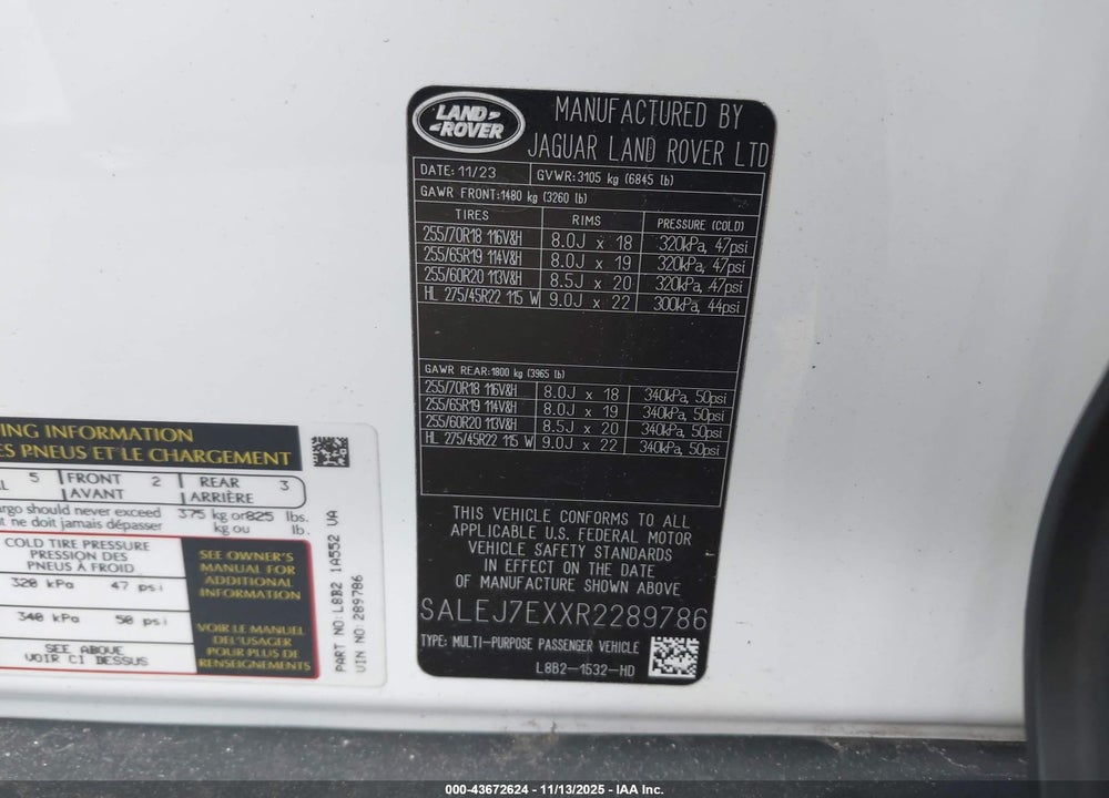 2024 LAND ROVER DEFENDER 110 P300 VIN: SALEJ7EXXR2289786
