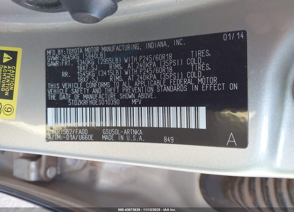 2014 TOYOTA HIGHLANDER LE PLUS V6 VIN: 5TDZKRFH0ES010390