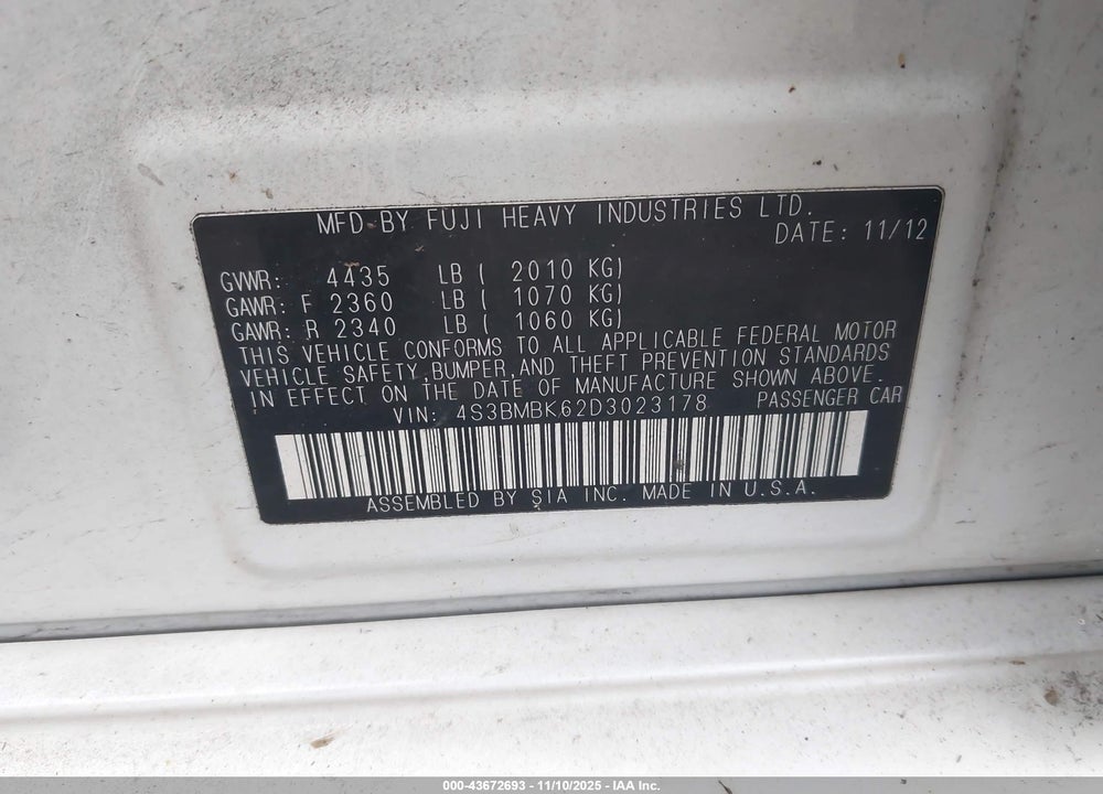 2013 SUBARU LEGACY VIN: 4S3BMBK62D3023178