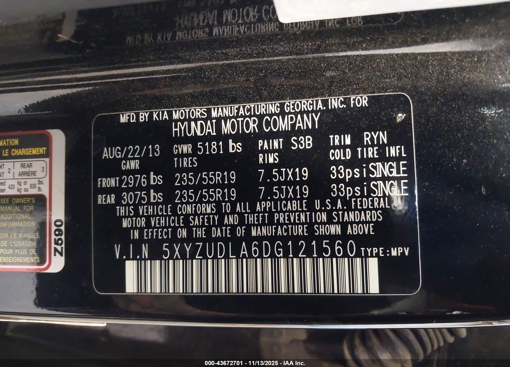 2013 HYUNDAI SANTA FE VIN: 5XYZUDLA6DG121560
