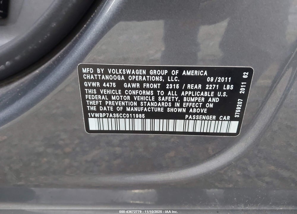 2012 VOLKSWAGEN PASSAT 2.5L SE VIN: 1VWBP7A35CC011985