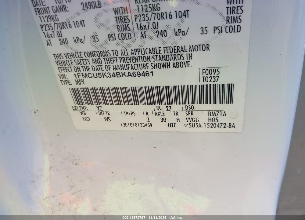 2011 FORD ESCAPE HYBRID VIN: 1FMCU5K34BKA69461