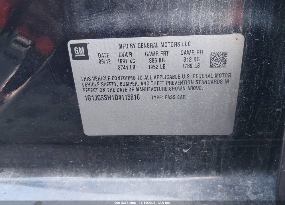 2013 CHEVROLET SONIC LT AUTO VIN: 1G1JC5SH1D4115810