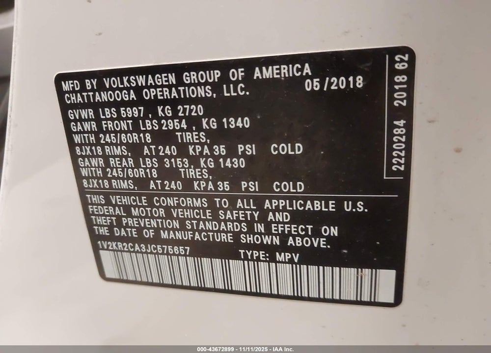 2018 VOLKSWAGEN ATLAS VIN: 1V2KR2CA3JC575657