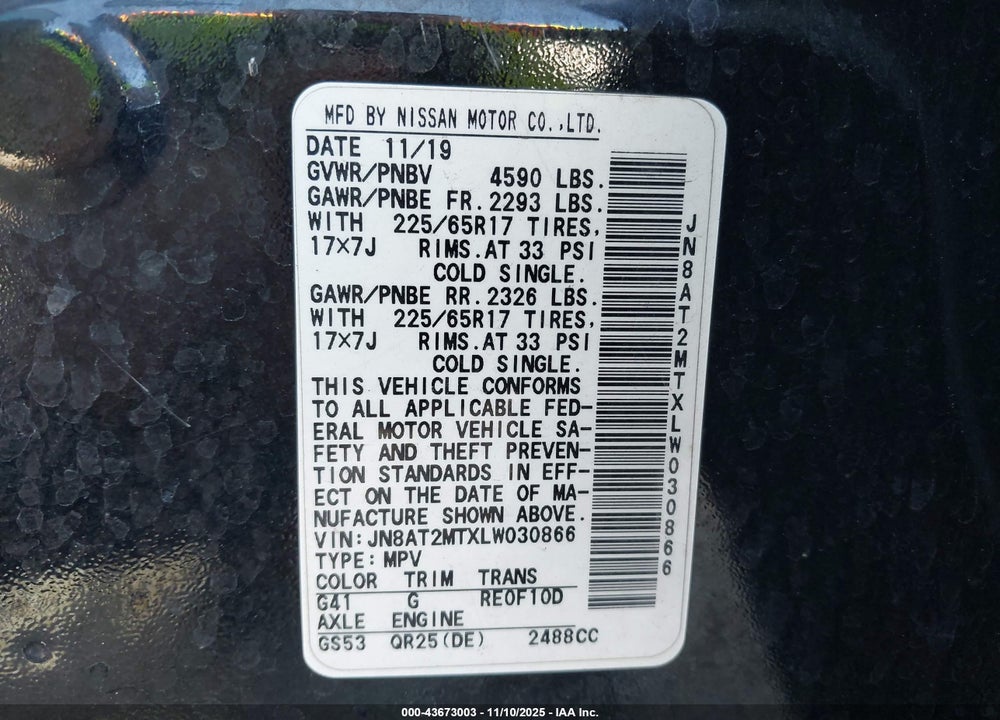 2020 NISSAN ROGUE SPORT VIN: JN8AT2MTXLW030866