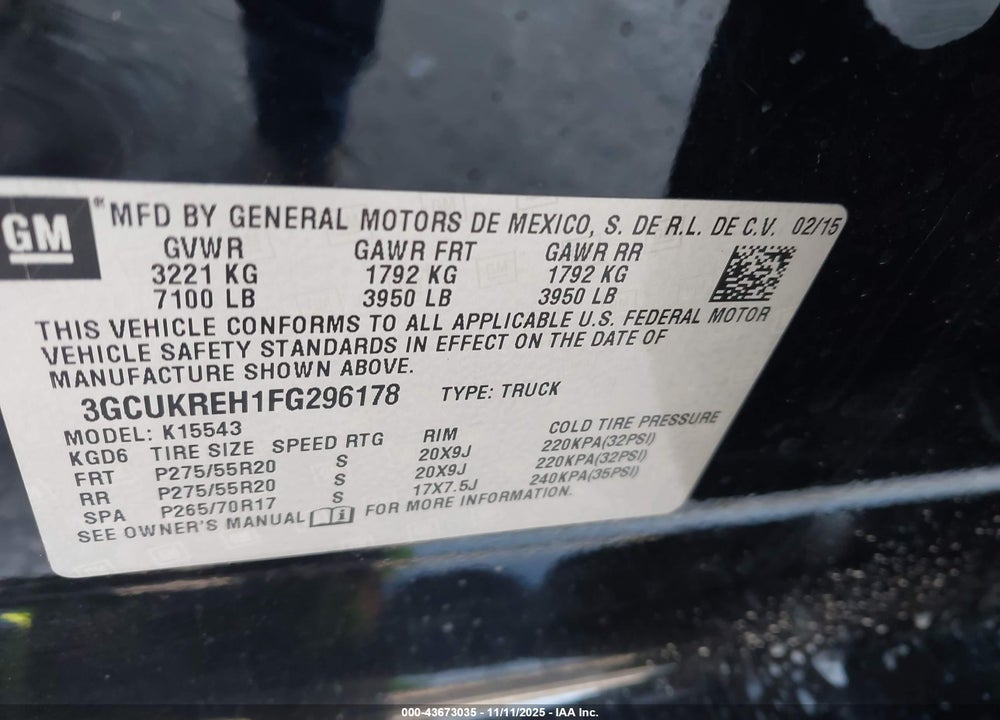 2015 CHEVROLET SILVERADO 1500 VIN: 3GCUKREH1FG296178