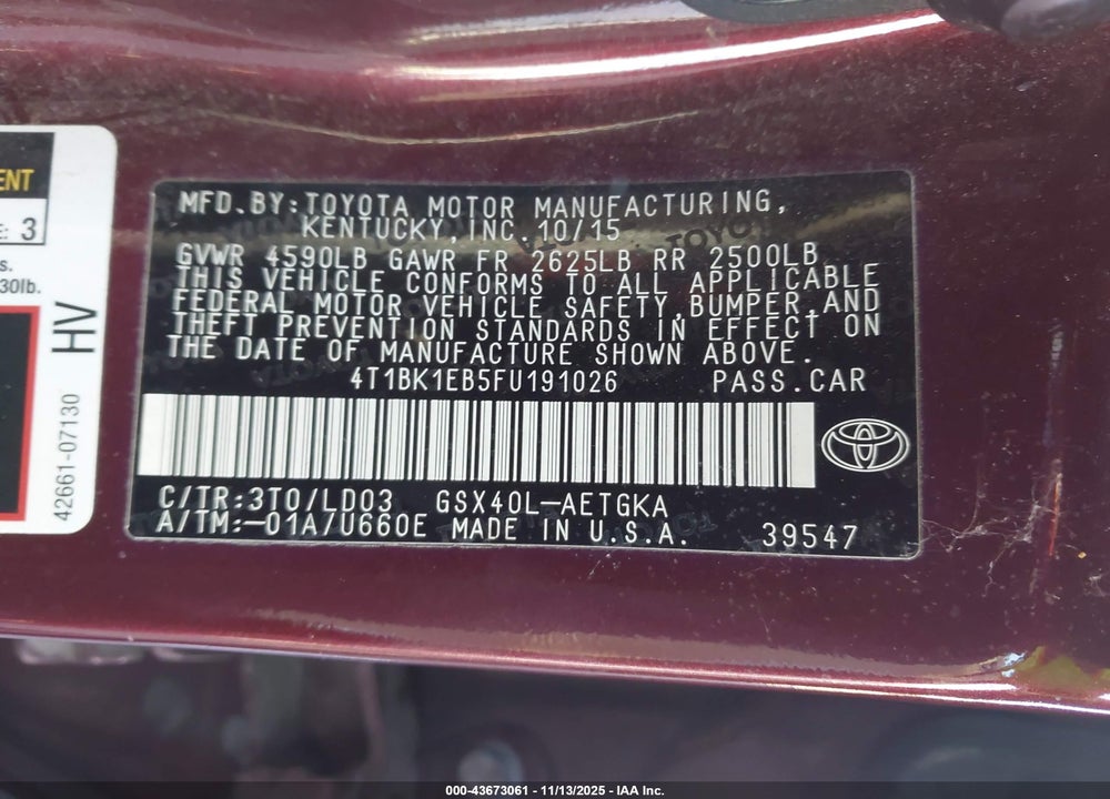 2015 TOYOTA AVALON XLE VIN: 4T1BK1EB5FU191026