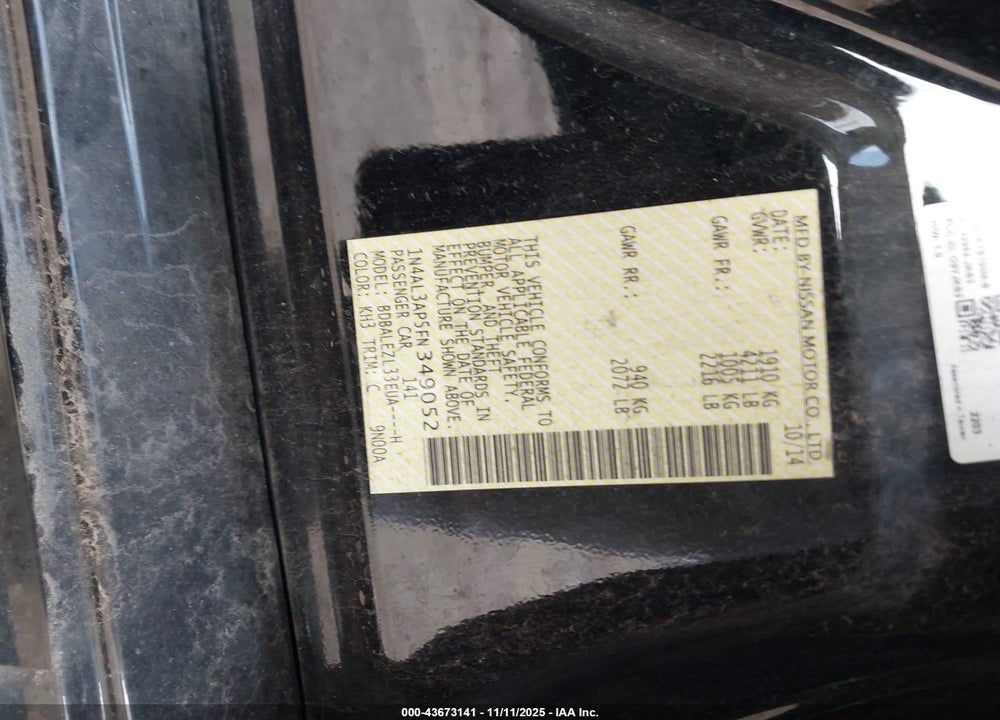 2015 NISSAN ALTIMA VIN: 1N4AL3AP5FN349052