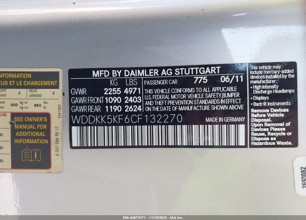 2012 MERCEDES-BENZ E 350 VIN: WDDKK5KF6CF132270