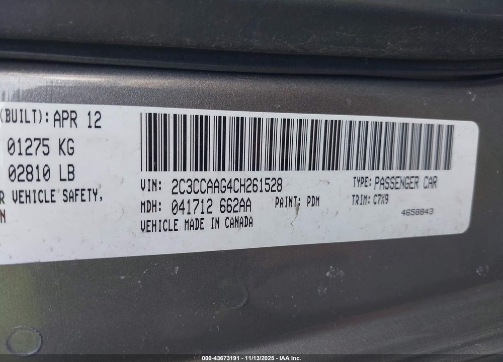 2012 CHRYSLER 300 VIN: 2C3CCAAG4CH261528