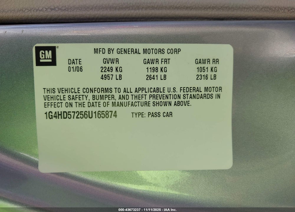 2006 BUICK LUCERNE CXL VIN: 1G4HD57256U165874