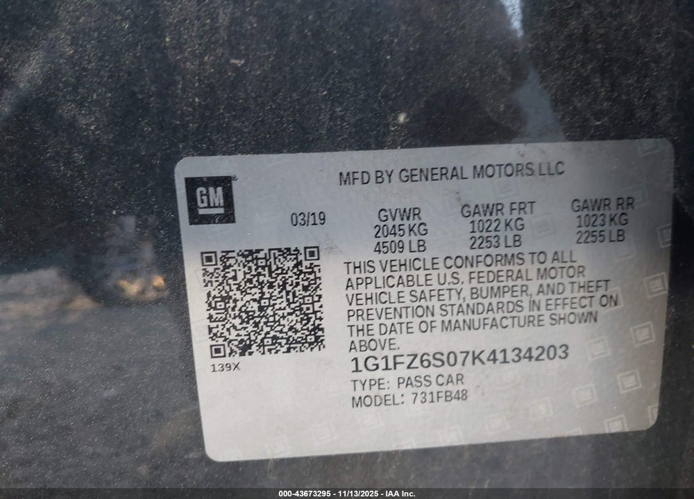 2019 CHEVROLET BOLT EV PREMIER VIN: 1G1FZ6S07K4134203