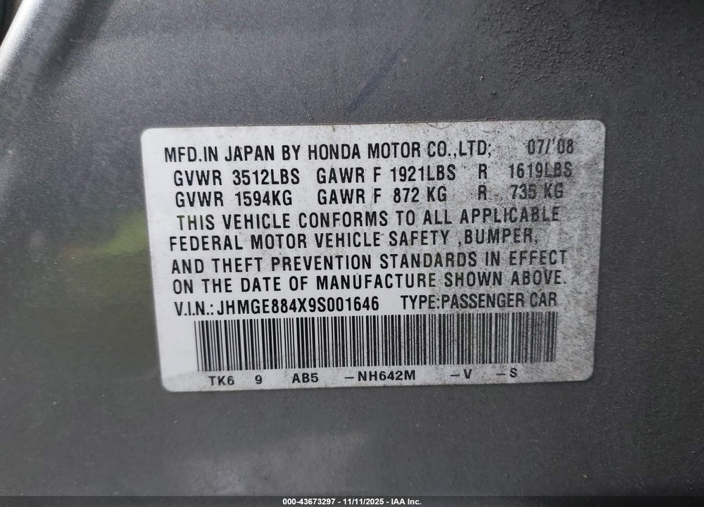2009 HONDA FIT SPORT VIN: JHMGE884X9S001646