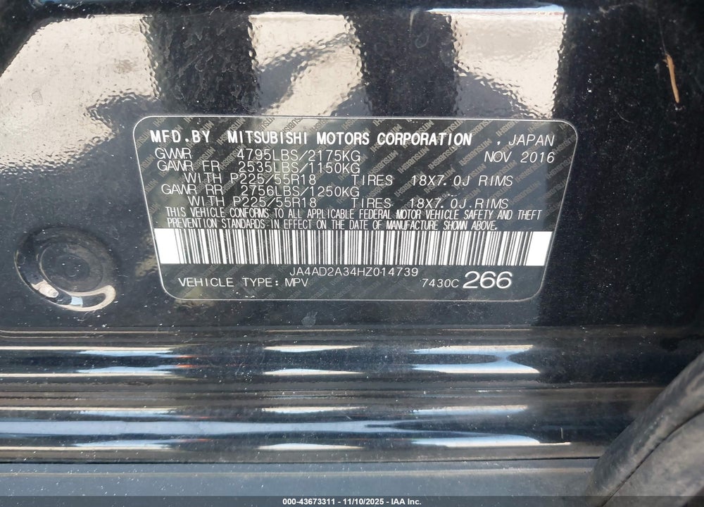 2017 MITSUBISHI OUTLANDER ES VIN: JA4AD2A34HZ014739