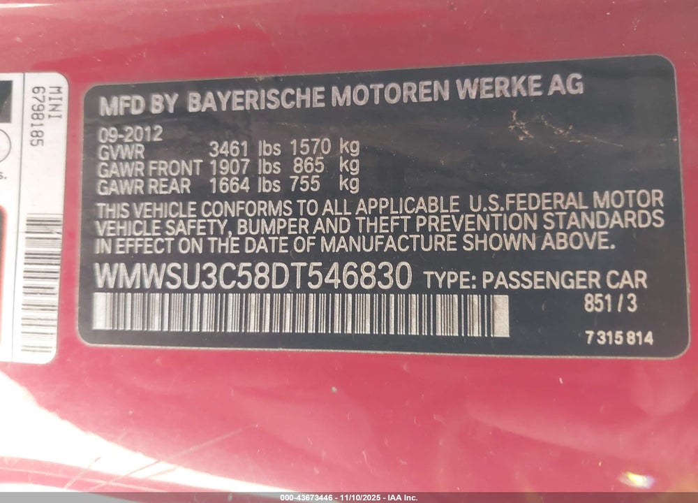 2013 MINI HARDTOP COOPER VIN: WMWSU3C58DT546830