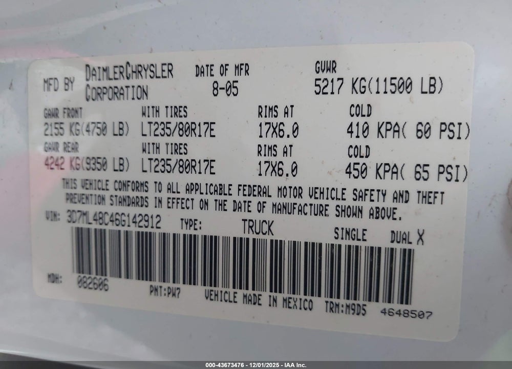 2006 DODGE RAM 3500 SLT/SPORT VIN: 3D7ML48C46G142912