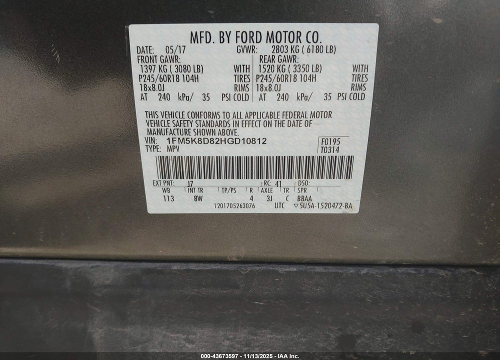 2017 FORD EXPLORER XLT VIN: 1FM5K8D82HGD10812