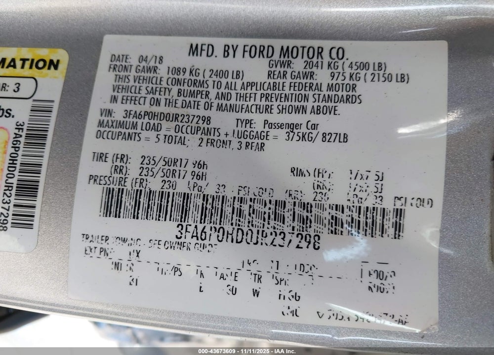 2018 FORD FUSION SE VIN: 3FA6P0HD0JR237298